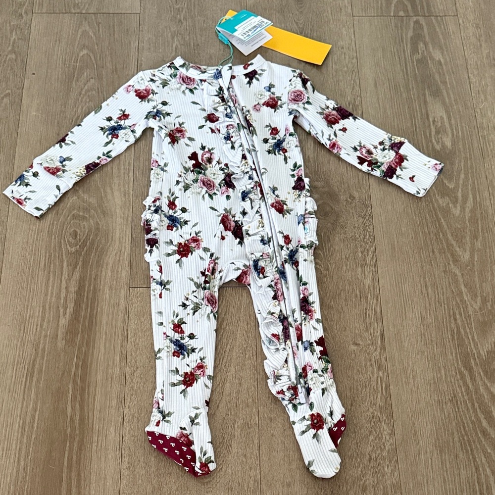 Posh Peanut Floral Ruffle Zip One-Piece - White with Pink & Burgundy Floral